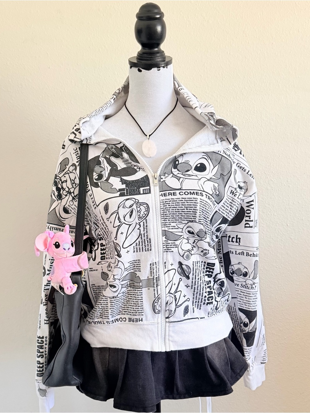 Disney stitch News paper all over print zip up sweater